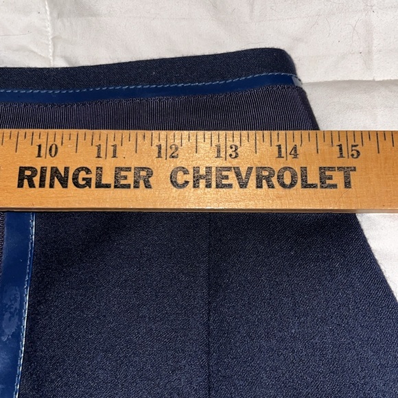 TORY BURCH Navy Wool W/Blue Faux Patent Leather Trim Front Pencil Skirt Size 4 - Picture 6 of 7